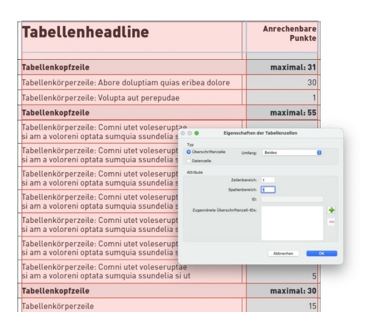 Eine Tabelle mit farbig hinterlegten Zellen. Im Fenster Eigenschaften der Tabellenzellen werden Einstellungen zur Definition der Zellen vorgenommen.