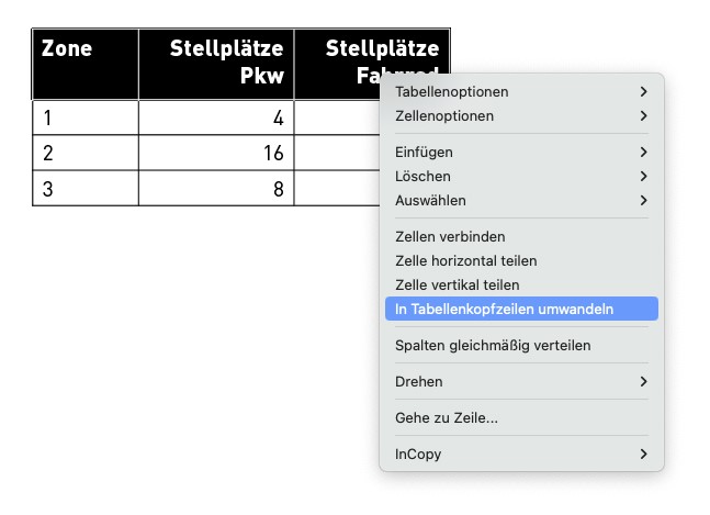 Tabelle mit einer markierten Kopfzeile. Daneben das Kontextmenü in dem In Tabellenkopfzeilen umwandeln ausgewählt ist.