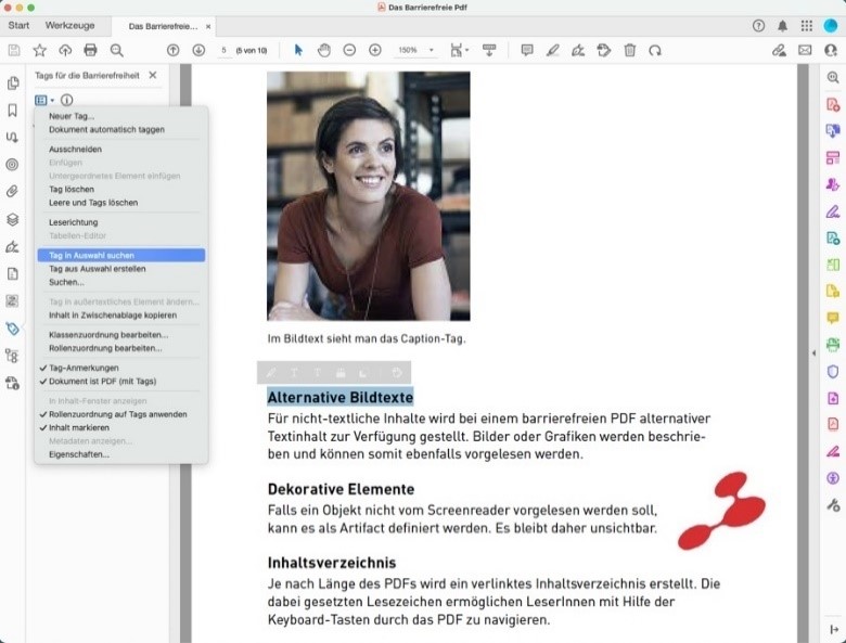 Ausgewählter Text in einem PDF-Dokument. In den Optionen in der Spalte Tags für die Barrierefreiheit kann nach dem zugehörigen Tag im Strukturbaum gesucht werden.