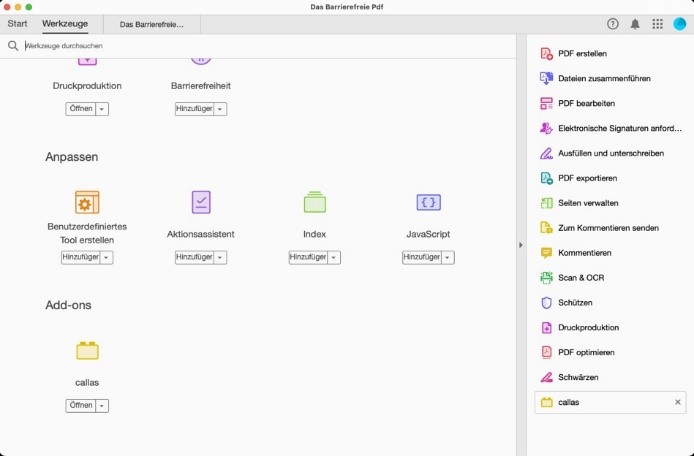 Werkzeuge-Fenster in Adobe Acrobat Pro. Unter Add-ons ist das Tool callas sichtbar. In der Liste der Werkzeuge ist unten callas hinzugefügt.