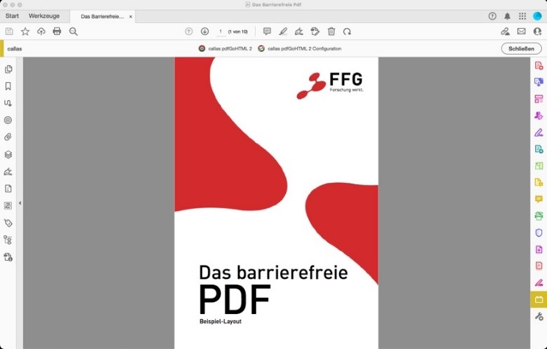 Adobe Acrobat Pro-Fenster mit einem geöffneten Dokument. In der Werkzeugleiste ist das Symbol für das callas-Plugin ausgewählt.