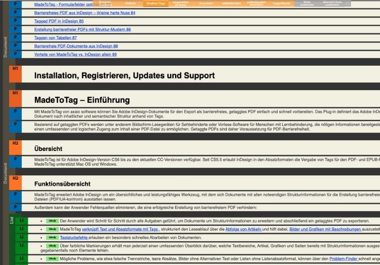 Darstellung der Struktur-Tags über das Plugin callas – Textpassagen sind mit P, H1, H2 usw. farblich markiert.