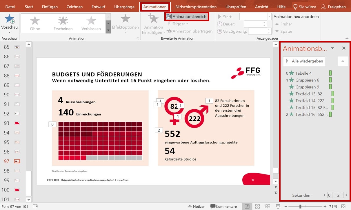 Geöffneter Animationsbereich mit einer Liste an Beispielanimationen