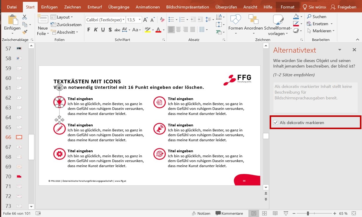 Alternativtext Kontextmenü mit ausgewählter Checkbox Als dekorativ markieren. Erläuternd der Satz: Als dekorativ markierter Inhalt stellt keine Beschreibung für Bildschirmsprachausgaben bereit.
