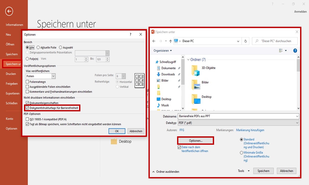 Über Speichern unter ist PDF als Dateityp angegeben. Das Optionen-Dialogfenster mit folgenden Angeben ist geöffnet: Bereich mit der Auswahl Alle. Veröffentlichungsoptionen mit der Default-Angabe Folien. Nicht druckbare Informationen einschließen mit der Auswahl Dokumenteneigenschaften und Dokumentstrukturtags für Barrierefreiheit. Unter PDF-Optionen ist Text als Bitmap speichern, wenn Sxhriftarten nicht eingebettet werden können, ausgewählt.