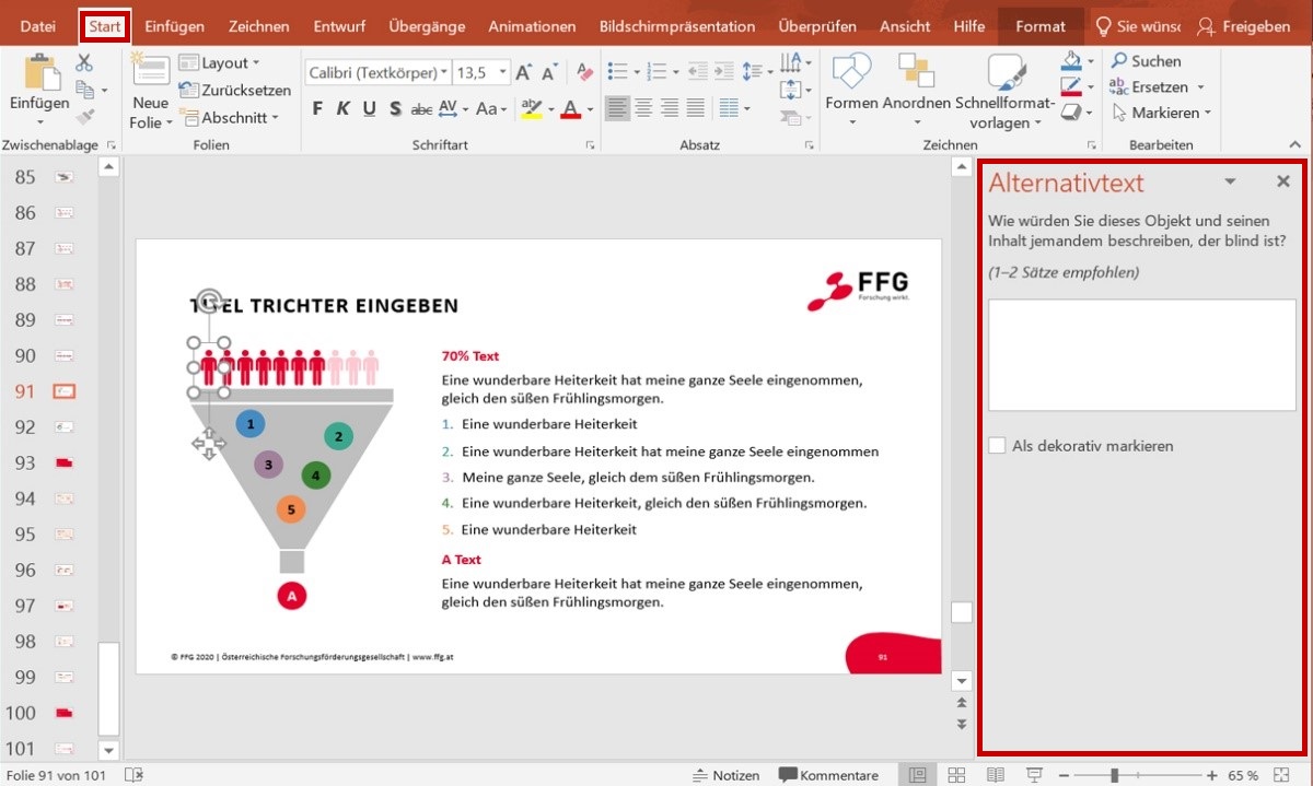Ein Beispiel für eine Infografik ist auf einer Folie sichtbar: Ein Trichter, in den 5 Elemente eingefüllt werden und der ein Element als Output hat. Daneben ist das Alternativtext Kontextmenü geöffnet.