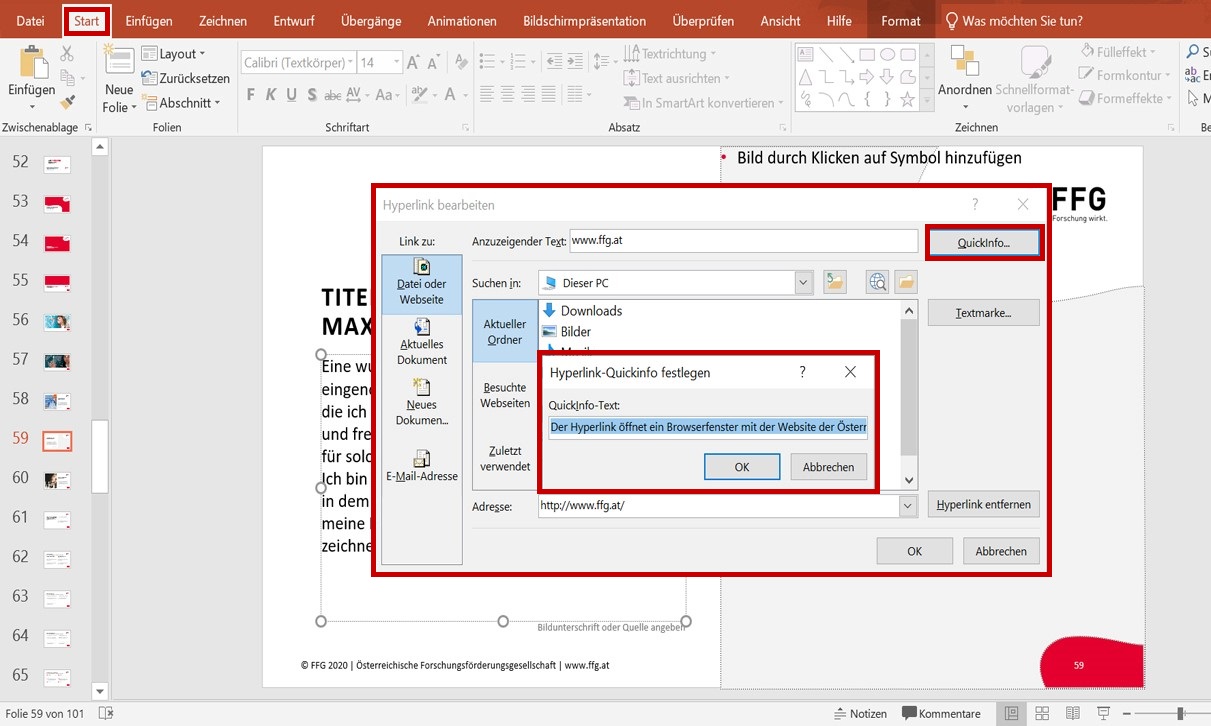 Dialogfenster Hyperlink bearbeiten mit Button Quickinfo, über den eine Hyperlink-Quickinfo eingetragen werden kann.