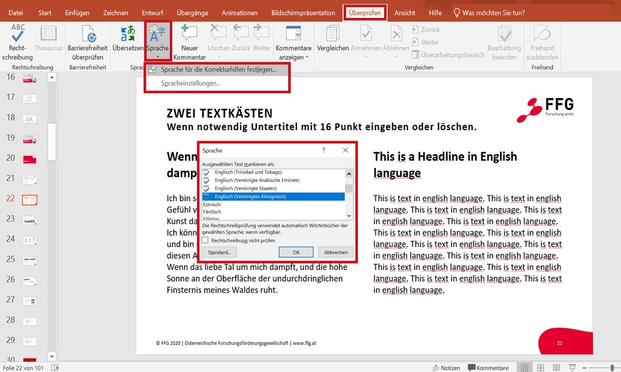 Über den Menüpunkt Überprüfen wird unter Sprache für eine englischsprachige Beispielpräsentation die Sprache Englisch (Vereinigtes Königreich) definiert.