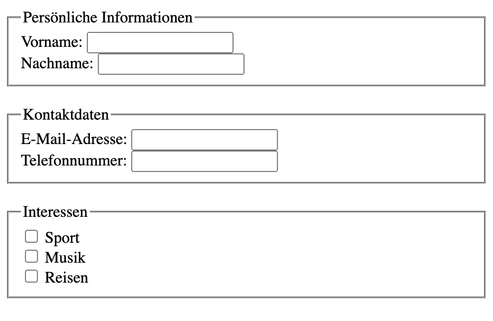 Drei Beispiel-Formularfelder zum Eintrag von Vor-/Nachname, Kontaktdaten wie Mail und Telefon sowie Interessen wie Sport, Musik, Reisen.