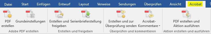 Acrobat Reiter ausgewählt im Word-Menü