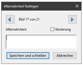Dialogfenster Alternativtext festlegen. Ein Alternativtext kann eingetragen werden oder die Checkbox Verzierung ausgewählt werden.