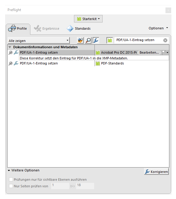 Funktion PDF/UA-1-Eintrag setzen in Preflight mit erklärendem Text: Diese Korrektur setzt den Eintrag für PDF-UA-1 in die XMP-Metadaten.