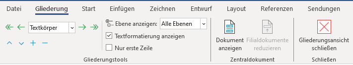 Reiter Gliederung ausgewählt im Word-Menü