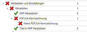 PAC-Detail-Bericht: Unter Metadaten und Einstellungen, dann Metadaten steht Keine PDF/UA-Kennzeichnung