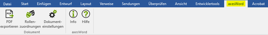 axesWord Reiter im Word-Menü mit den Funktionen PDF exportieren, Rollenzuordnungen, Dokumenteinstellungen, Info und Hilfe.